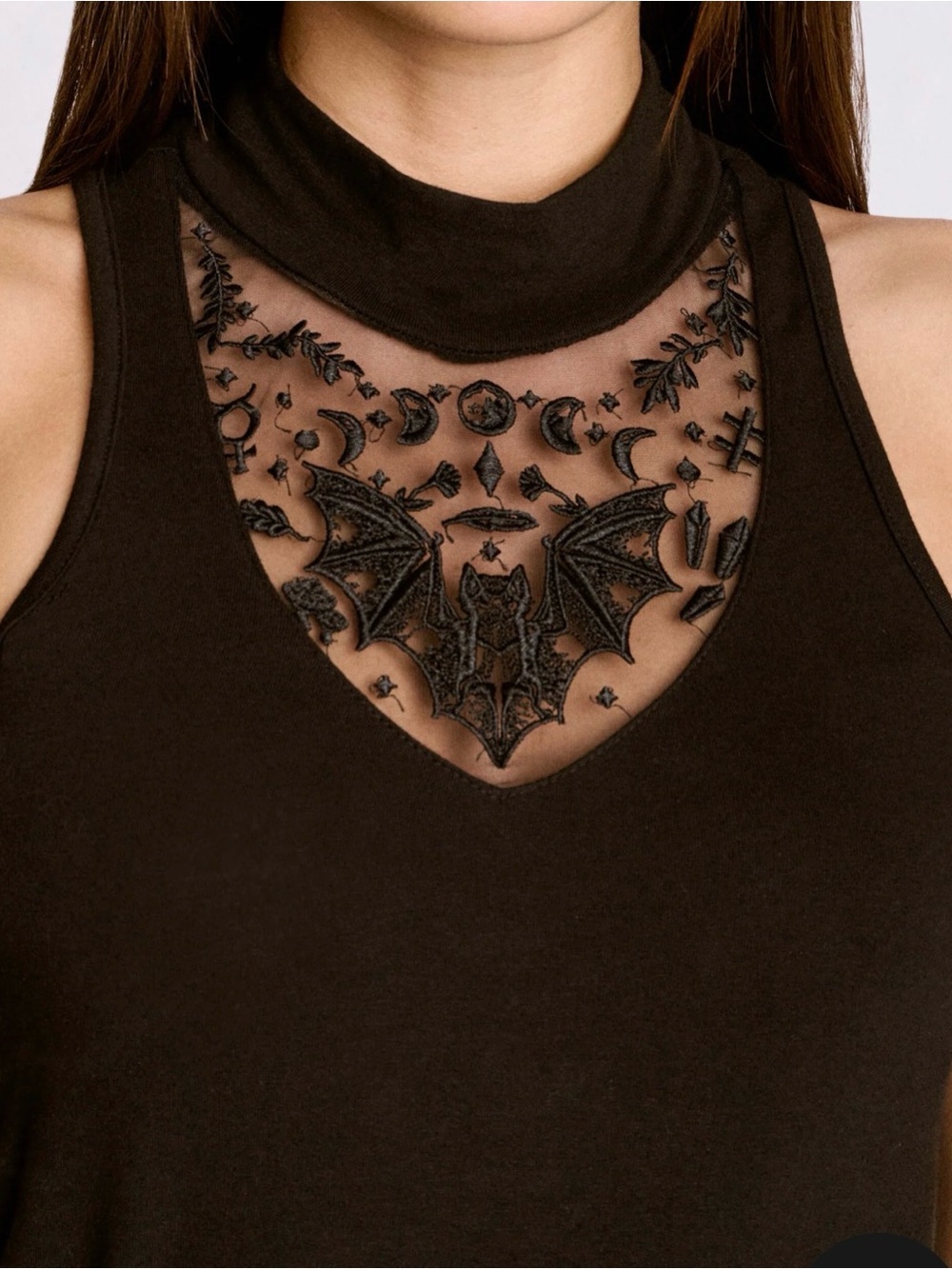 Hot Topic embroidered Bat Sleeveless Mock-Neck Tank Top with Lace Inset